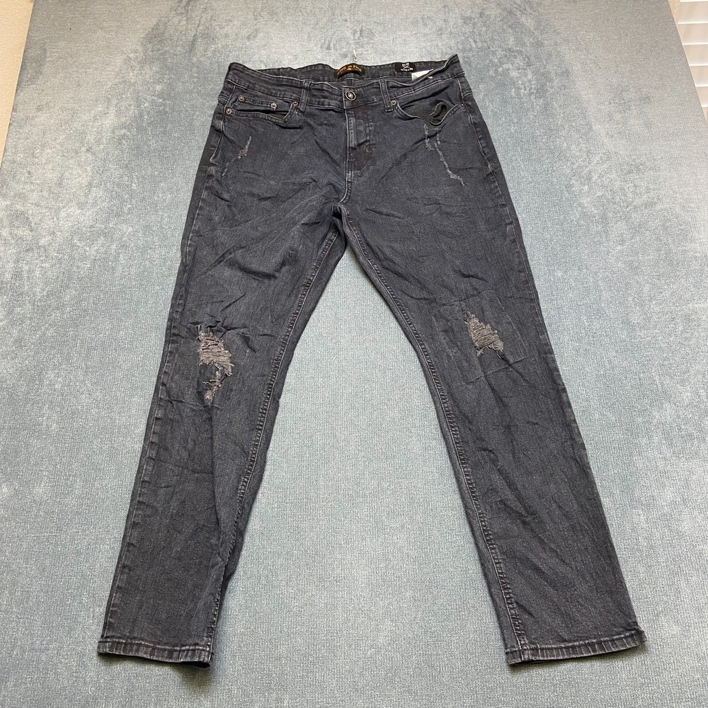 Ring of Fire Jeans Mens 36x30 Black Denim Pockets Ripped Dark Wash Slim Fit